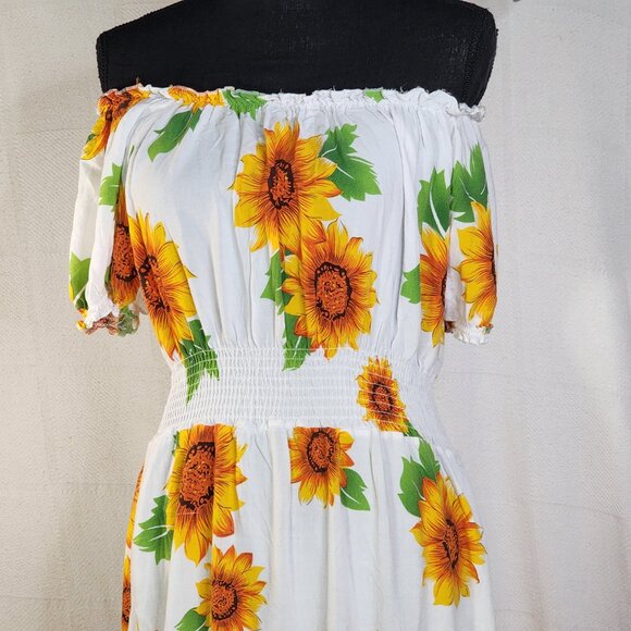 Ace White Yellow Orange Green Sunflowers Smocked Waist Drop Shoulder Maxi Sz 1X - Picture 6 of 16